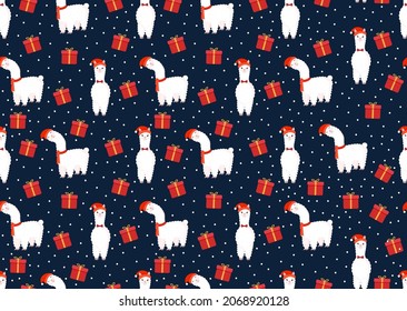 Christmas texture with llama, alpaca and holiday gifts. Vector illustration of Merry Christmas and Happy New Year. Seamless pattern. Winter holiday.