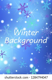 Christmas Texture with Lovely Snowflakes and Shiny Lights. Festive Background for Christmas Decoration, Wrapping, Fabric. Vertical A4 Vector Background.