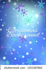 Christmas Texture with Lovely Snowflakes and Shiny Lights. Festive Background for Christmas Decoration, Brochure, Card. Vertical A4 Vector Background.