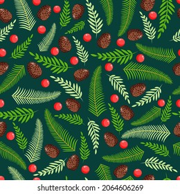 Weihnachtsgefühl mit Naturkiefer, Zweigen, Kegeln und Beeren. Vektorgrafik von frohen Weihnachten und glücklichem Neujahr. Nahtloses Muster. Designelemente.