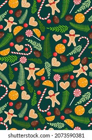 Christmas texture with natural pine, twigs, cones, garland, gingerbread men, sweets, cookies and dried orange. Illustration of Merry Christmas and New Year. Seamless pattern.