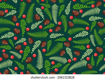 Christmas texture with natural pine, twigs, cones and berries. Vector illustration of Merry Christmas and Happy New Year. Seamless pattern. Design elements.