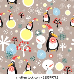 Christmas texture of penguins and snowmen