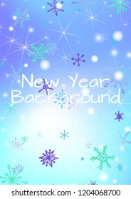 Christmas Texture with Pretty Snowflakes and Shiny Lights. Festive Background for Christmas Decoration, Brochure, Cover. Vertical A4 Vector Background.