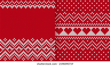 Christmas texture print. Set knit seamless pattern. Red knitted frames. Fair isle traditional ornament. Festive sweater border. Vector illustration. Xmas ugly print. Holiday background.