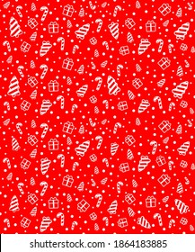 Christmas texture seamless red and white. Christmas tree, gifts, round snowflakes, caramel, sweets. Christmas pattern repeating for red background