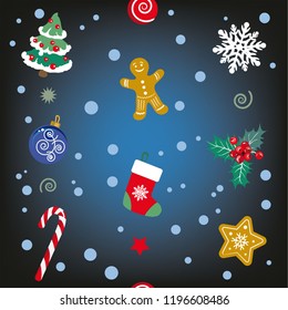 Christmas texture, seamless winter pattern, holiday background. Gingerbread, star, snow, tree and holly. Vector illustration.