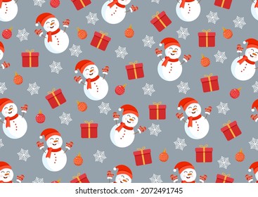 Christmas texture with snowmen, gifts, toys and snowflakes. Vector illustration of Merry Christmas and Happy New Year. Seamless pattern. Winter holiday.