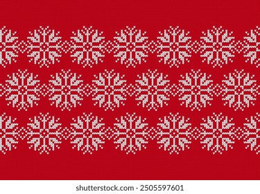 Christmas texture. Traditional knitted sweater pattern. Red geometric background with snowflakes. Xmas winter knit seamless print. Holiday wool pullover ornament. Festive crochet. Vector illustration