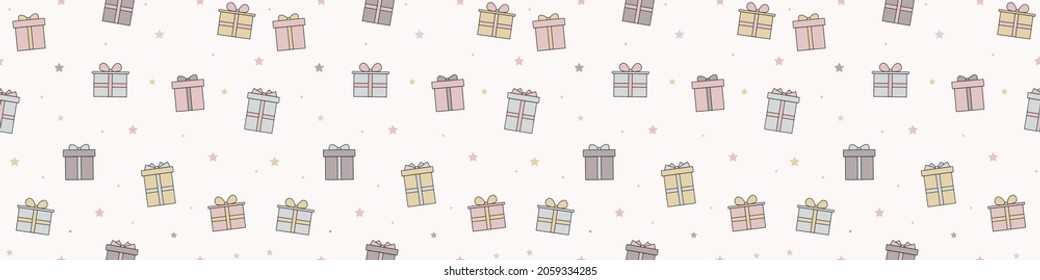 Christmas texture with Xmas presents. Background with decorations. Panoramic header. Vector