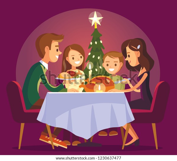 Cena Familiar De Navidad Familia Comiendo Juntos Y Conversando Alrededor De La Mesa 