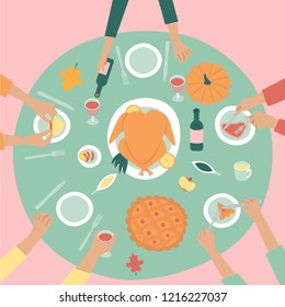 Christmas & Thanksgiving Holiday card. Family celebrating Thanksgiving day turkey at the table, with drinks and eating fruit. Vector illustration in flat design style.