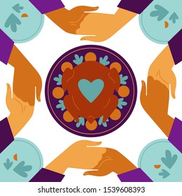 Christmas & Thanksgiving Holiday card. Family celebrating Thanksgiving day. Vector illustration in flat design style.