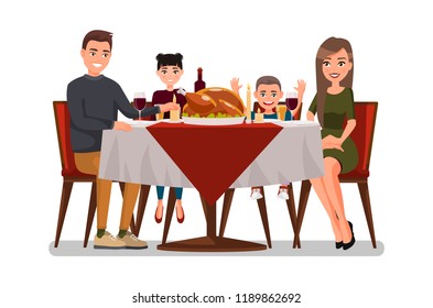 Christmas & Thanksgiving inspired Holiday card with happy family celebrating Thanksgiving day. Turkey at the table. Vector flat design family. Holiday weekend illustration for poster, card, banner.