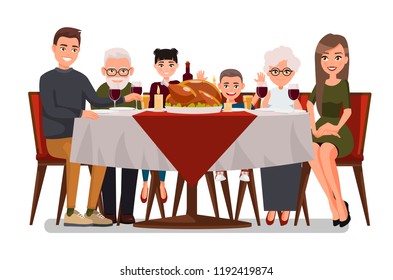 Christmas & Thanksgiving inspired Holiday card with happy family celebrating Thanksgiving day. Turkey at the table.Vector flat design family. Father, Mother, Daughter, Son, Grandmother and Grandfather