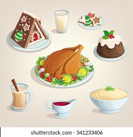 Christmas Thanksgiving New Year Dinner Food Dinner Dishes Illustration Color Vector White Background Icons Menu