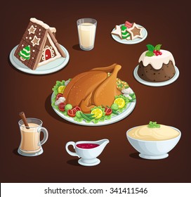 Christmas thanksgiving new Year dinner food dinner dishes illustration color vector black background icons menu