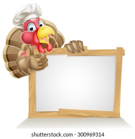 A Christmas or Thanksgiving turkey character wearing a chef or cook hat giving a thumbs up above a sign