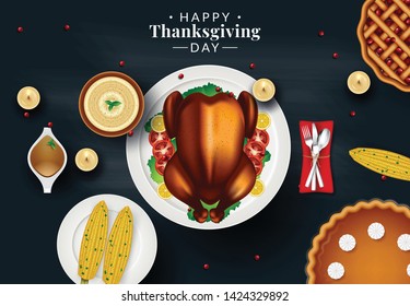 Christmas or Thanksgiving turkey on rustic wooden table. Vector illustration