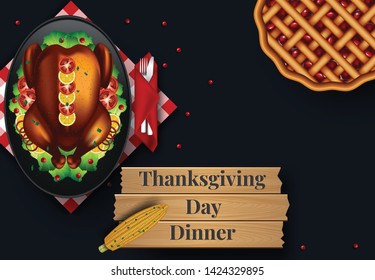 Christmas or Thanksgiving turkey on rustic wooden table. Vector illustration