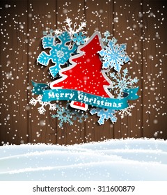 christmas theme, abstract tree and snowflakes on wooden background with snowdrift, vector illustration, eps 10 with transparency and gradient meshes