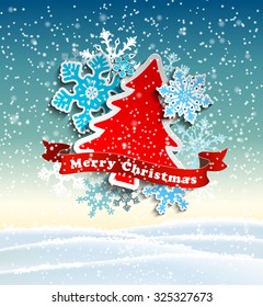 christmas theme, abstract tree and snowflakes in winter landscape, vector illustration, eps 10 with transparency and gradient meshes