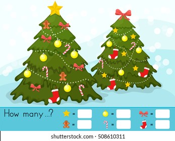 Christmas Theme Activity Sheet - Counting Game. How Many Objects Task - Worksheet For Education