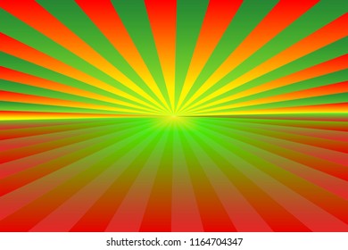 Christmas theme background. Abstract sunburst pattern of gradient green, red, orange and yellow rays; bottom copy-space for add text. Vector illustration. Use as background, montage, mock-up template
