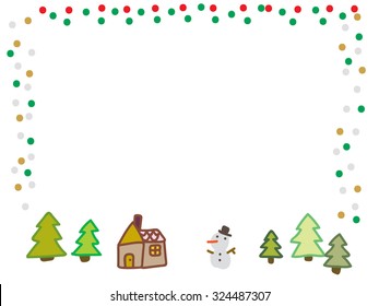 christmas theme border consists of pines, house, snowman and snow