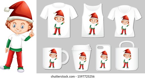 Christmas theme boy in Santa hat on many products illustration