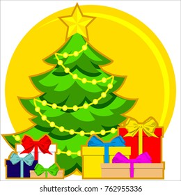 Christmas theme bright colorful poster with xmas tree, star, garland light and pile of presents. Flat vector Illustration for sticker, stamp, label, gift card, flyer, certificate or banner.