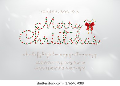 Christmas theme canday cane pattern alphabet font set with numbers uppercase and lowercase on white gray background