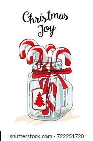 Christmas Theme, Candy Canes In Vintage Glass Jar With Red Ribbon And Text Christmas Joy On White Background, Vector Illustration, Eps 10 With Transparency