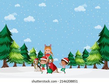 Christmas theme with children and animals illustration