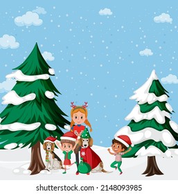 Christmas theme with children and animals illustration