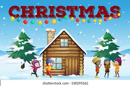 Christmas theme with children and hut illustration