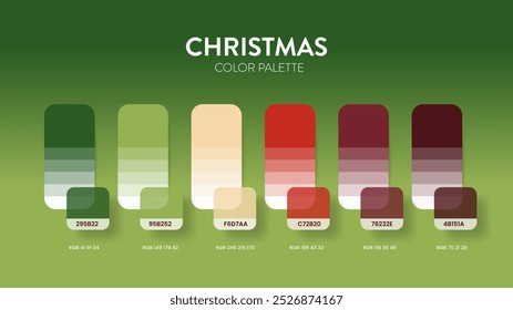 Las paletas de colores o combinaciones de colores de temas de Navidades son combinaciones de tendencias y guías de paletas este año, una tabla de tonos de color en RGB o HEX. Una muestra de color para un diseño de moda, hogar o interior de primavera.