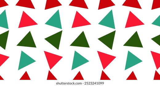 Christmas theme color seamless triangular pattern on a white background. The bold and contrasting colors create a playful geometric design, perfect for modern decor, textiles, or digital projects.