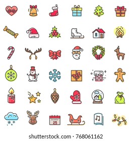 Christmas theme colorful icons isolated on white background. Vector illustration with cute smiling Santa Claus, shiny golden bell and glowing candle