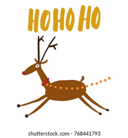 Christmas theme concept with hand drawn brush lettering and simple illustration of funny doodle deer running.