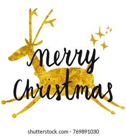 Christmas theme concept with hand drawn brush lettering and simple illustration of deer and stars with gold texture.