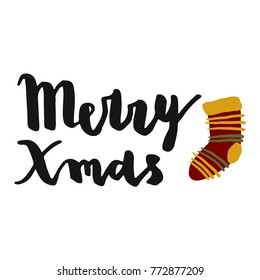 Christmas theme concept with hand drawn brush lettering and simple illustration of knitted sock with stripes
