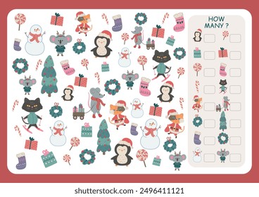 Christmas theme counting game How Many. Educational game for children, children preschool and school age. Counting game with characters for Christmas time.