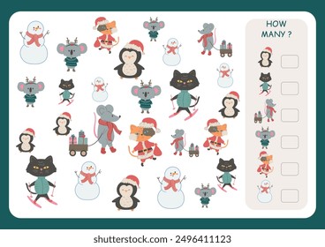 Christmas theme counting game How Many. Educational game for children, children preschool and school age. Counting game with characters for Christmas time.