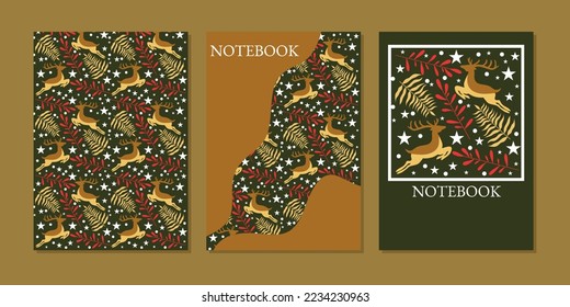 Christmas theme cover page. deer and flower pattern abstract background. for invitations, notebooks, books, catalogs, posters, greeting cards