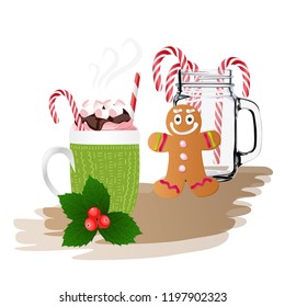 Christmas theme, cup of coffee, candy cane, gingerbread. Empty glass jar. Vector illustration.