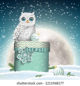Christmas theme, cute white owl sitting blue gift box in winter snowy landscape with big shinny moon in background, vector illustration, eps 10 with transparency