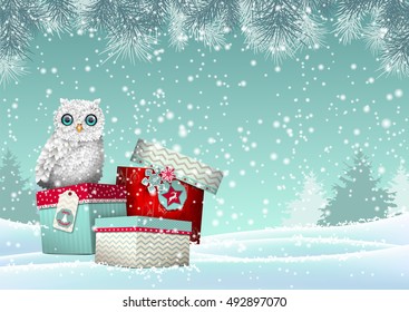 Christmas theme, cute white owl sitting on group of three colorful gift boxes in winter snowy landscape, vector illustration, eps 10 with transparency