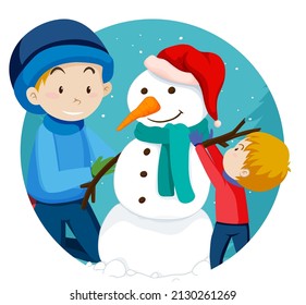 Christmas theme with dad and son build a snowman illustration