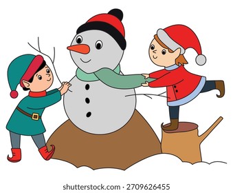 Tema de Navidades con papá e hijo construyen un muñeco de nieve